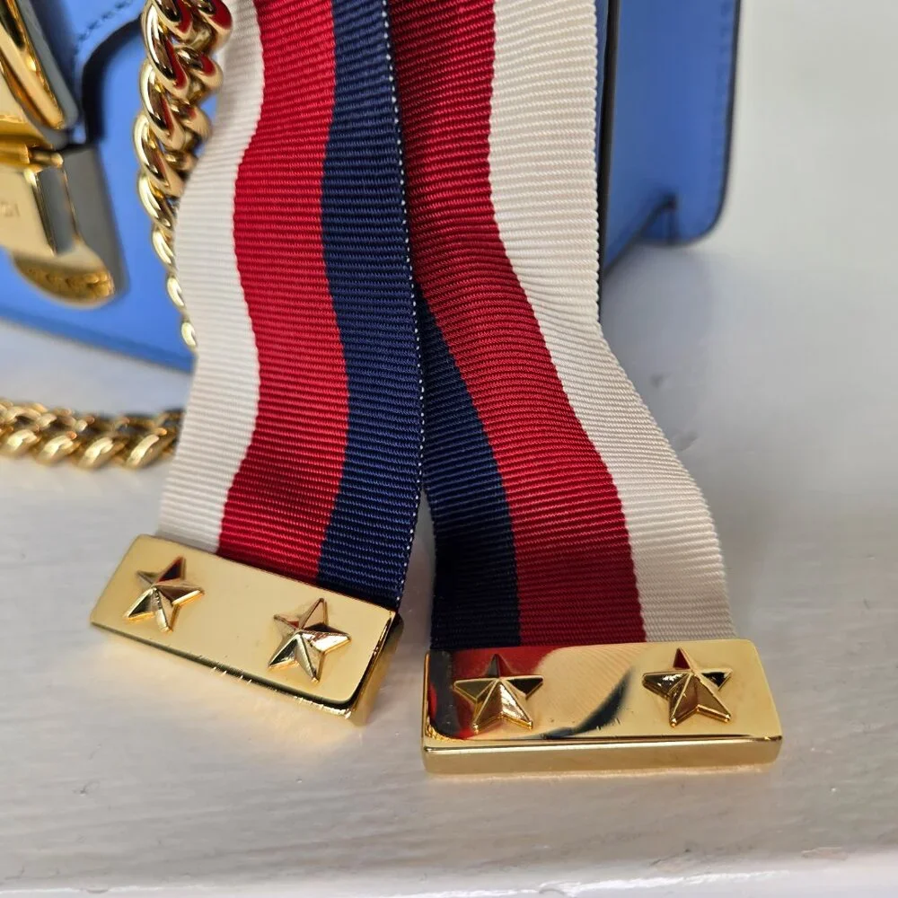 Gucci Sylvie Mini Flap Bag Blue with Ribbon & Chain Handbag Purse Crossbody - Picture 11 of 15